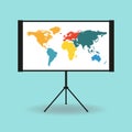 Flipchart, whiteboard or projection screen with world map. Flat design. Vector illustration Royalty Free Stock Photo